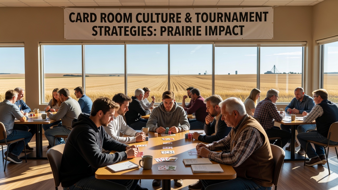 Tournament director explaining rules to a mixed group of players before cards are dealt in a prairie card room
